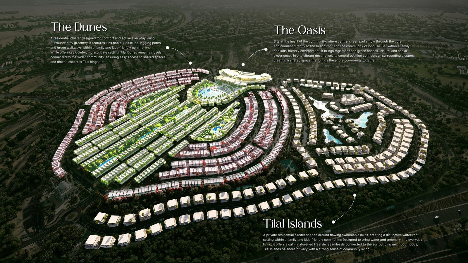 Tilal Binghatti masterplan showing The Dunes, The Oasis and Tilal Islands